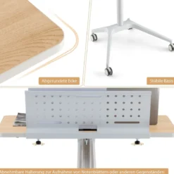 Stehschreibtisch Sitz-Steh Schreibtisch mit Arbeitsplatte und 4 Rollen 71 x 48 x 77-107 cm Natur + Weiß