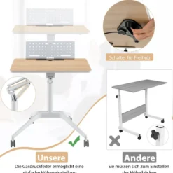 Stehschreibtisch Sitz-Steh Schreibtisch mit Arbeitsplatte und 4 Rollen 71 x 48 x 77-107 cm Natur + Weiß