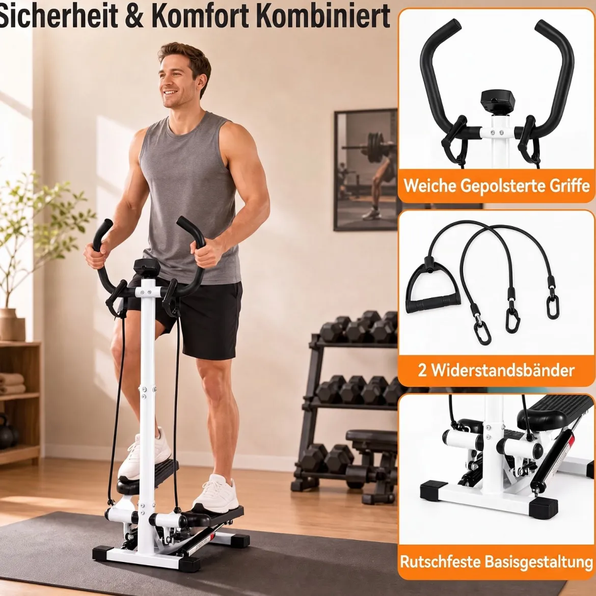Stepper mit Lenker 2 Widerstandsbändern & Rutschfeste Standfläche 40 x 33 x 117 cm