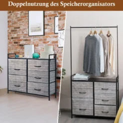 Stoffschrank mit Kleiderstange mit 8 Schubladen 85 x 29 x 167 cm Schwarz + Grau