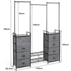 Stoffschrank mit Kleiderstange mit 8 Schubladen 146 x 29,5 x 190 cm Schwarz + Grau