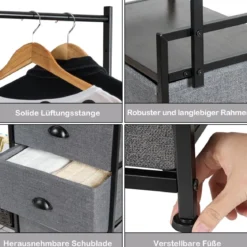 Stoffschrank mit Kleiderstange mit 8 Schubladen 146 x 29,5 x 190 cm Schwarz + Grau
