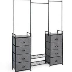 Stoffschrank mit Kleiderstange mit 8 Schubladen 146 x 29,5 x 190 cm Schwarz + Grau