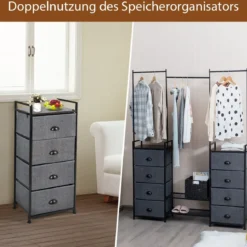 Stoffschrank mit Kleiderstange mit 8 Schubladen 146 x 29,5 x 190 cm Schwarz + Grau