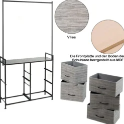 Stoffschrank mit Kleiderstange mit 8 Schubladen 146 x 29,5 x 190 cm Schwarz + Grau