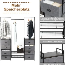 Stoffschrank mit Kleiderstange mit 8 Schubladen 146 x 29,5 x 190 cm Schwarz + Grau