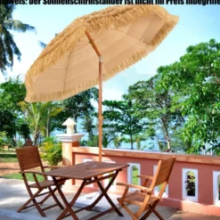 Strandschirm 175 cm Sonnenschirm Reisstroh Strandschirm Weiß + Beige