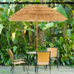 Strandschirm 175 cm Sonnenschirm Reisstroh Strandschirm Weiß + Beige