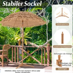 Strandschirm im Hawaii-Stil mit Klappbarem Ständer & Neigungsknopf & Tragetasche Tiki Schirm