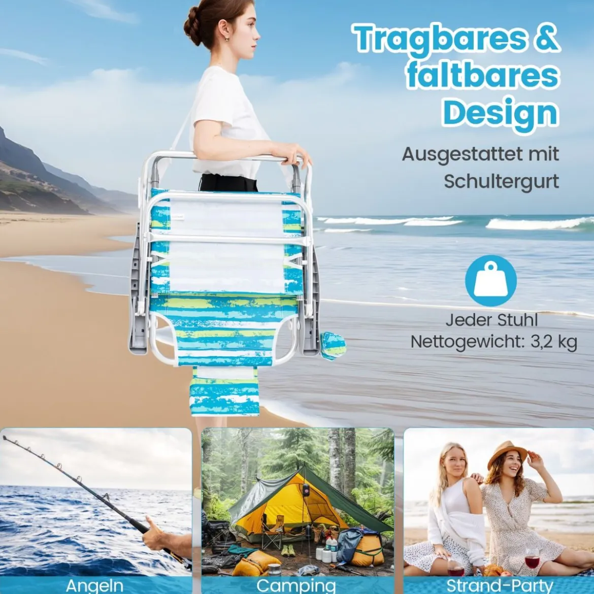 Strandstühle klappbar leicht 2er Set Campingstühle mit verstellbarer Rückenlehne Grün