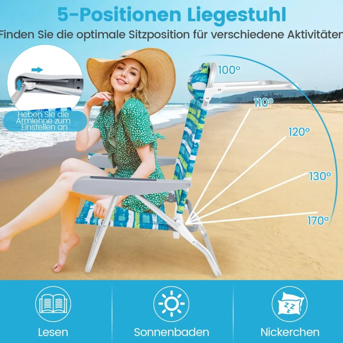 Strandstühle klappbar leicht 2er Set Campingstühle mit verstellbarer Rückenlehne Grün