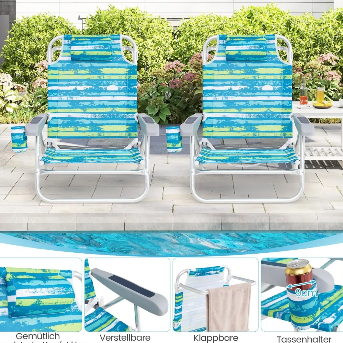 Strandstühle klappbar leicht 2er Set Campingstühle mit verstellbarer Rückenlehne Grün