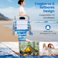 Strandstühle klappbar leicht 2er Set Campingstühle mit verstellbarer Rückenlehne Blau