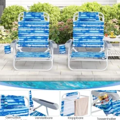Strandstühle klappbar leicht 2er Set Campingstühle mit verstellbarer Rückenlehne Blau