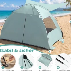 Strandzelt mit Vordach Strandmuschel UV-Schutz 50+ mit Reißverschlusstüren & Netzfenstern Grün