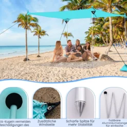 Strandzelt 230 x 200 cm UPF 50+ Sonnenzelt mit Sandankern Sandsäcken und 2 Stützstangen Türkis