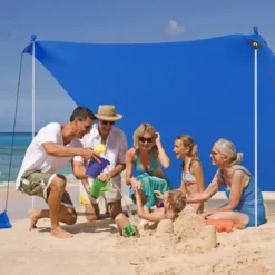 Strandzelt 300 x 300 cm UPF 50+ Sonnenzelt mit Sandankern Sandsäcken und 2 Stützstangen Dunkelblau