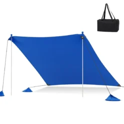 Strandzelt 300 x 300 cm UPF 50+ Sonnenzelt mit Sandankern Sandsäcken und 2 Stützstangen Dunkelblau