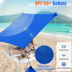 Strandzelt 230 x 200 cm UPF 50+ Sonnenzelt mit Sandankern Sandsäcken und 2 Stützstangen Blau
