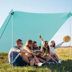 Strandzelt 300 x 300 cm UPF 50+ Sonnenzelt mit Sandankern Sandsäcken und 2 Stützstangen Türkis