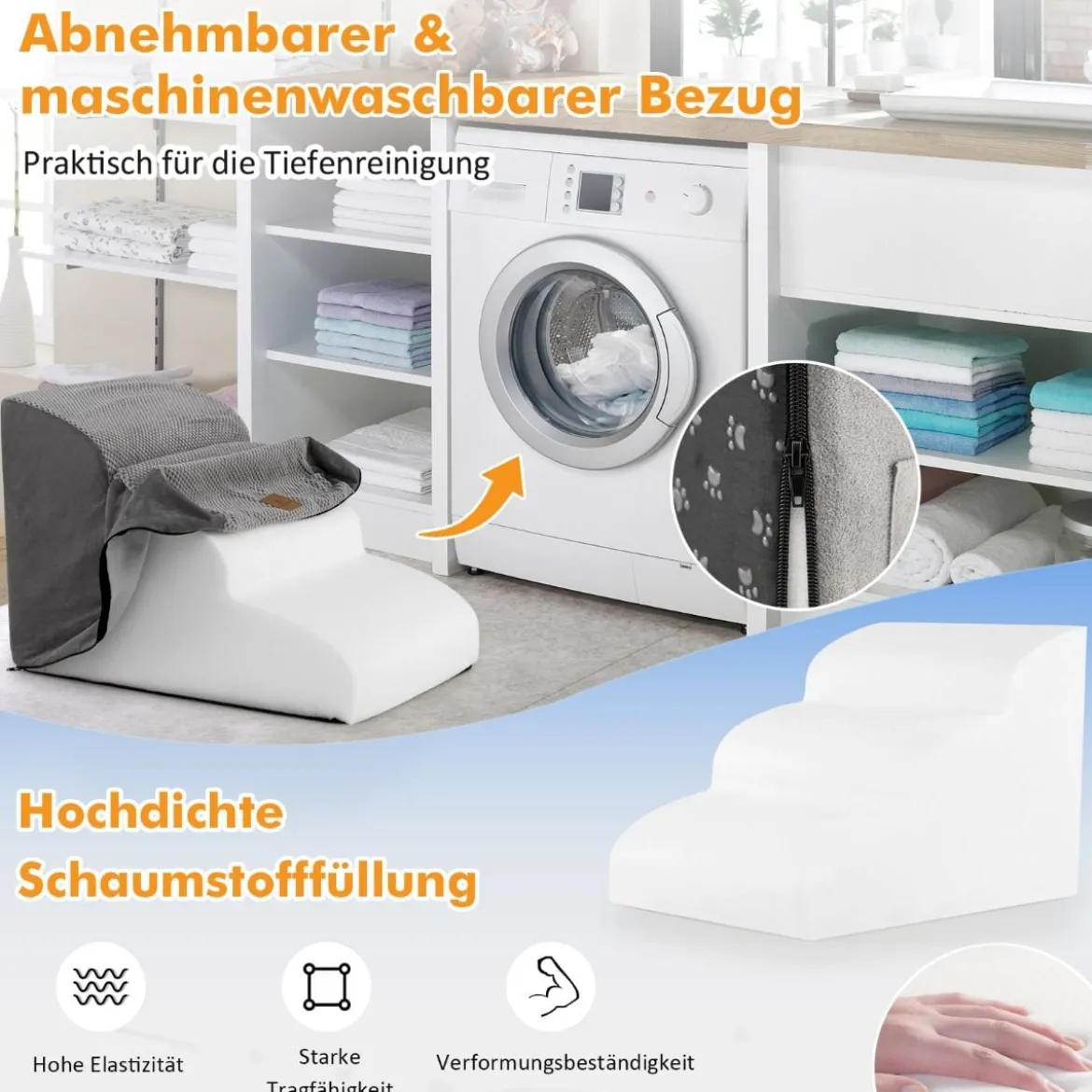 3 Stufen Hundetreppe aus Schaumstoff Rutschfeste Hundestufe bis 30 kg Belastbar Grau