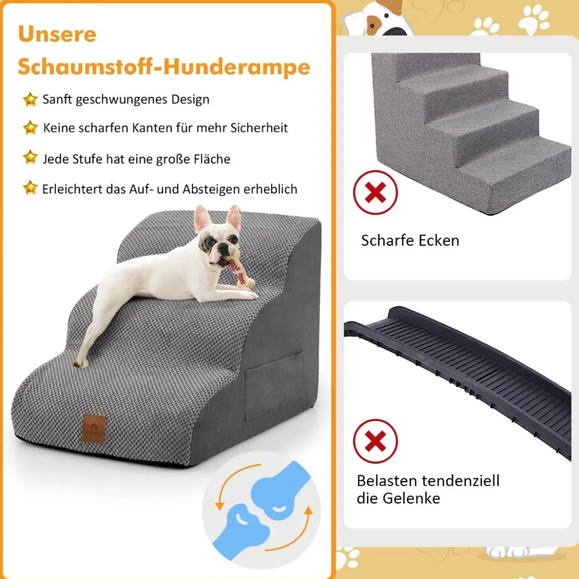 3 Stufen Hundetreppe aus Schaumstoff Rutschfeste Hundestufe bis 30 kg Belastbar Grau