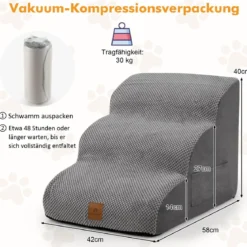 3 Stufen Hundetreppe aus Schaumstoff Rutschfeste Hundestufe bis 30 kg Belastbar Grau