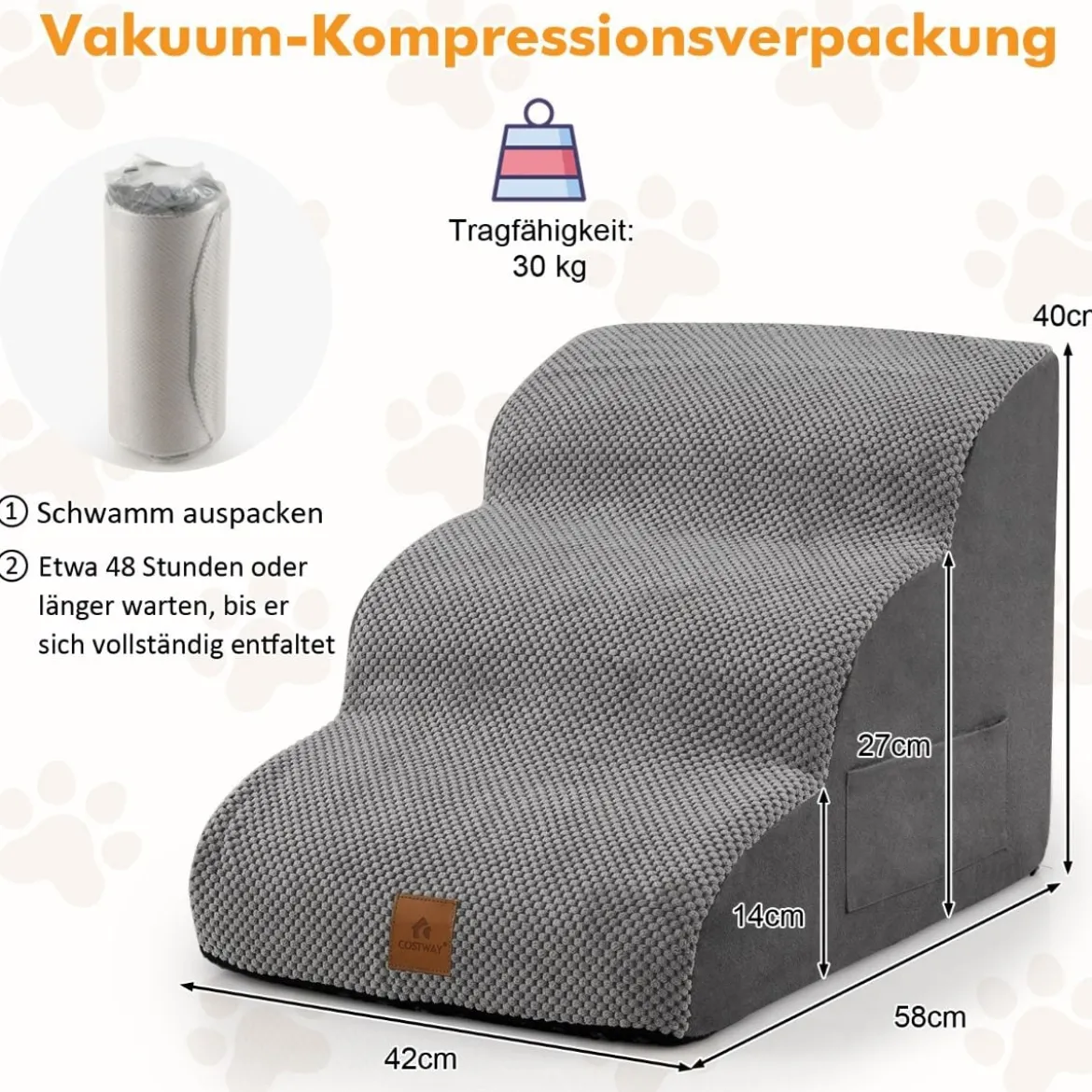 3 Stufen Hundetreppe aus Schaumstoff Rutschfeste Hundestufe bis 30 kg Belastbar Grau