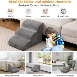 3 Stufen Hundetreppe aus Schaumstoff Rutschfeste Hundestufe bis 30 kg Belastbar Grau
