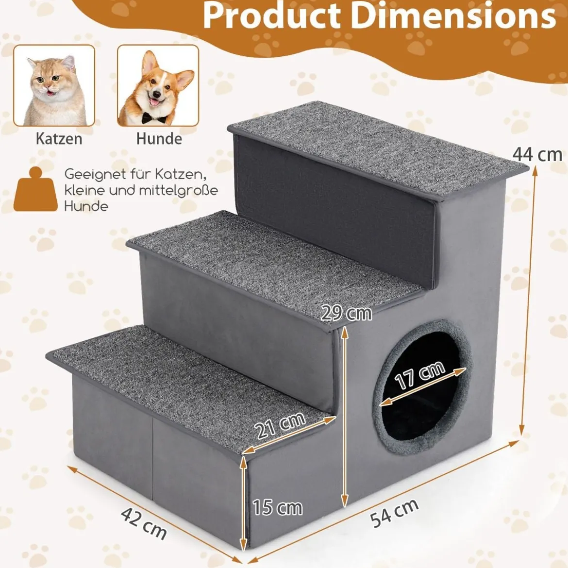 3 Stufen Hundetreppe mit Haus & Rutschfester Boden Faltbare Haustiertreppe Kletterleiter