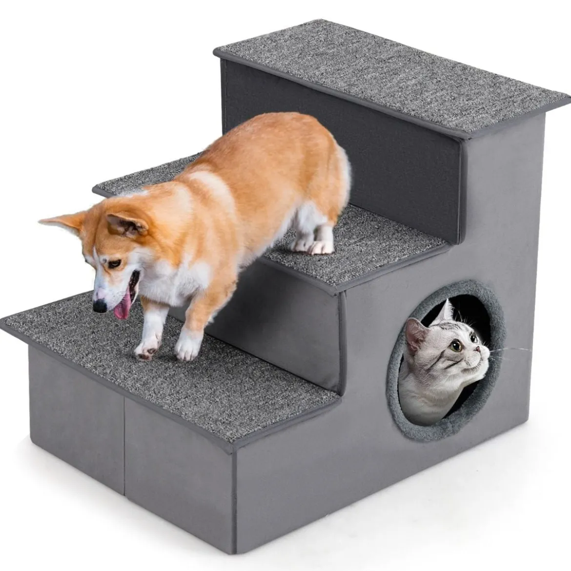 3 Stufen Hundetreppe mit Haus & Rutschfester Boden Faltbare Haustiertreppe Kletterleiter