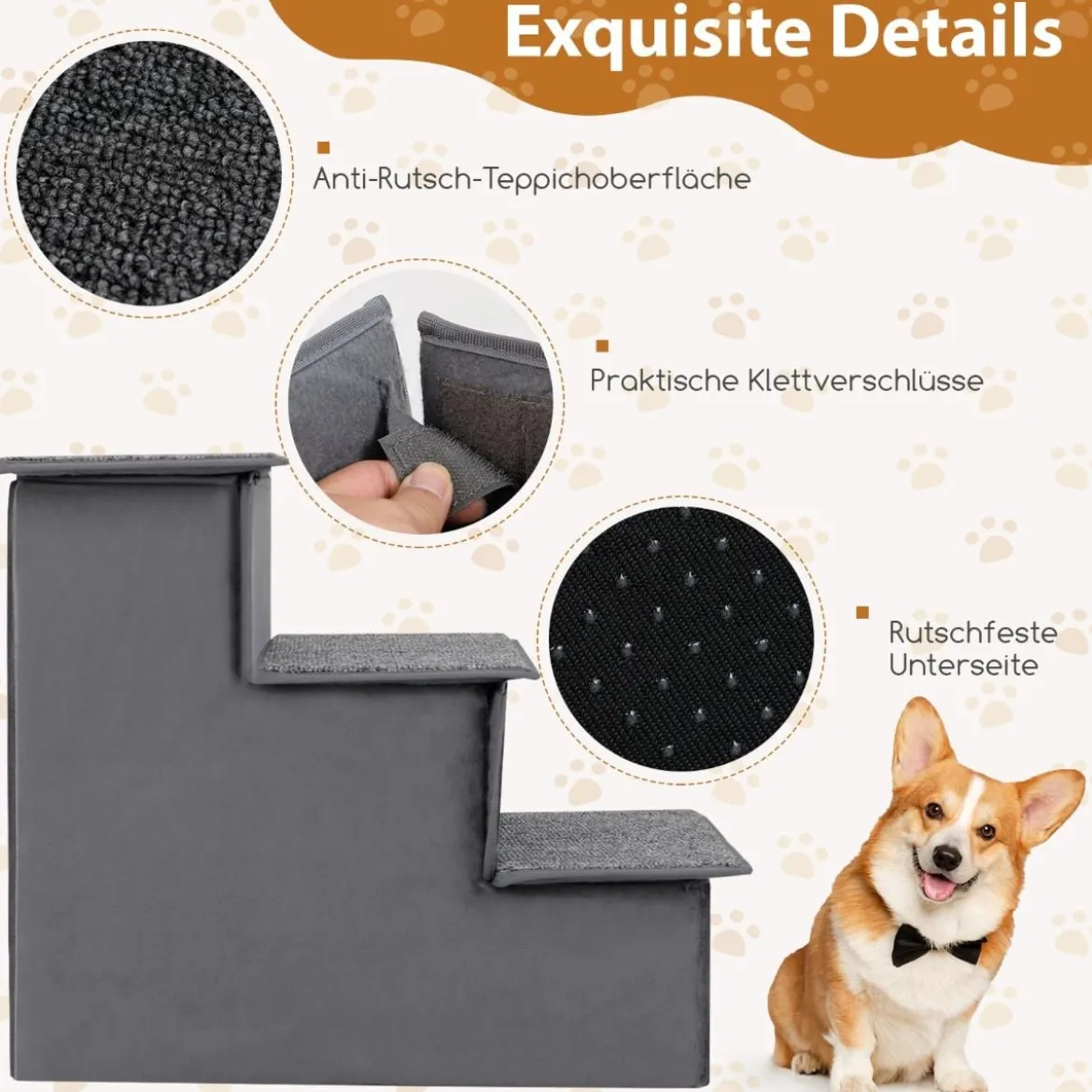 3 Stufen Hundetreppe mit Haus & Rutschfester Boden Faltbare Haustiertreppe Kletterleiter