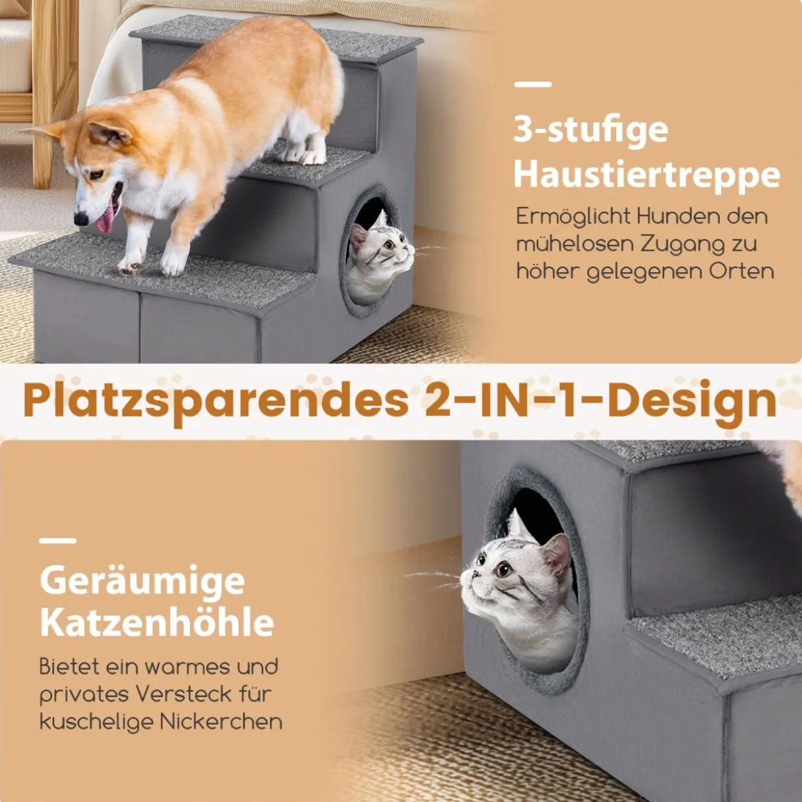 3 Stufen Hundetreppe mit Haus & Rutschfester Boden Faltbare Haustiertreppe Kletterleiter