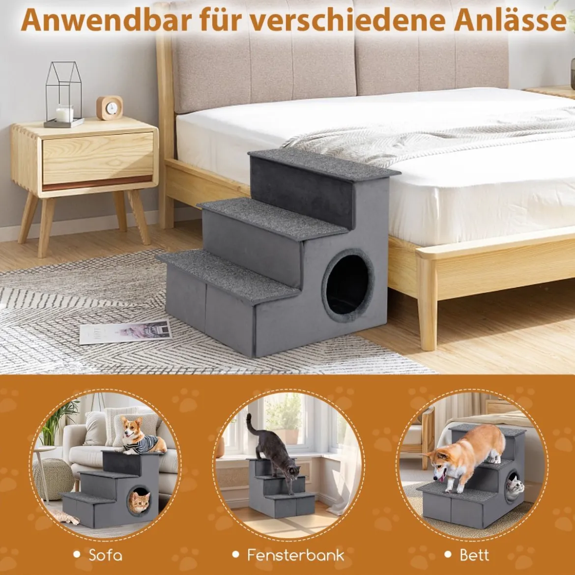 3 Stufen Hundetreppe mit Haus & Rutschfester Boden Faltbare Haustiertreppe Kletterleiter