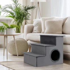 3 Stufen Hundetreppe mit Haus & Rutschfester Boden Faltbare Haustiertreppe Kletterleiter