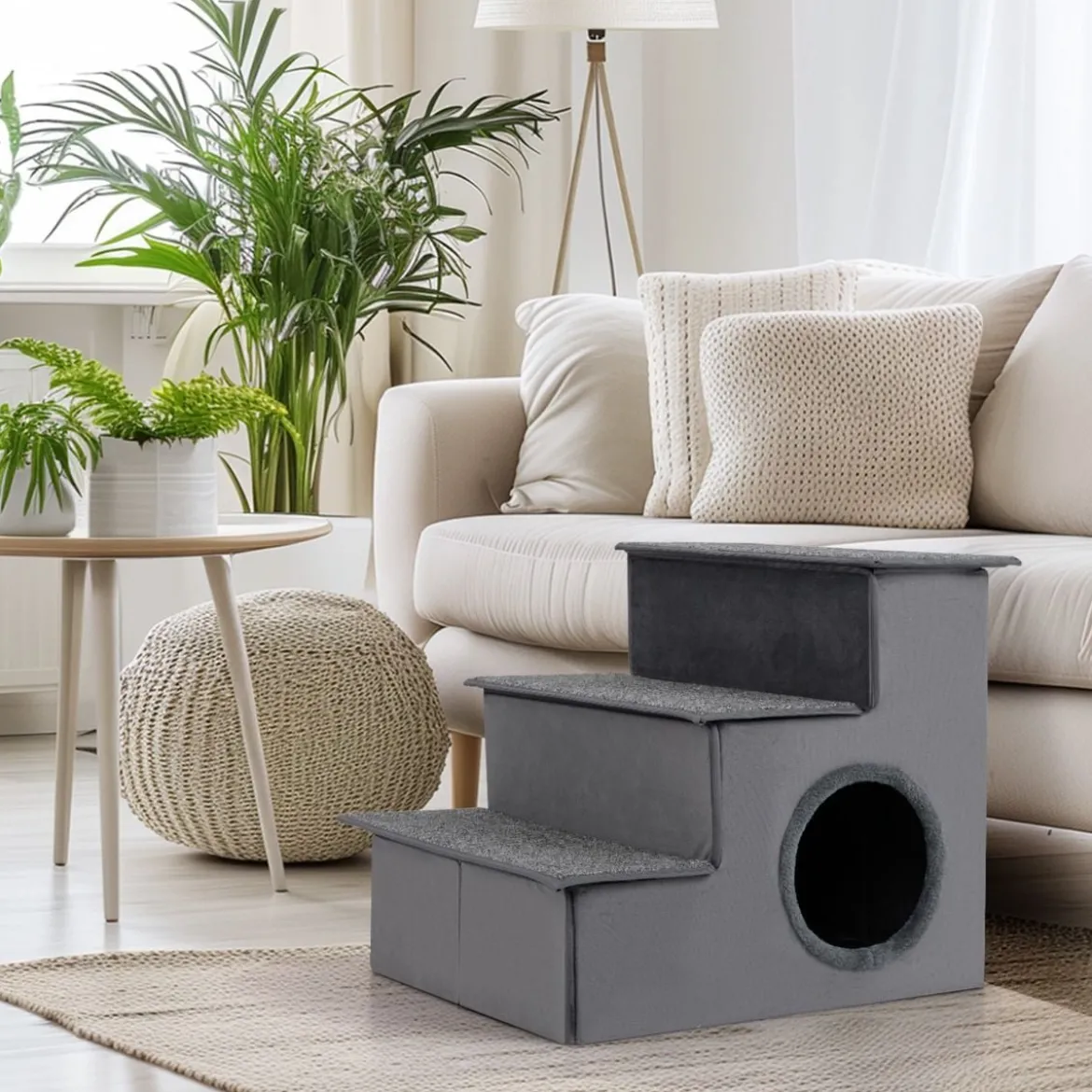 3 Stufen Hundetreppe mit Haus & Rutschfester Boden Faltbare Haustiertreppe Kletterleiter