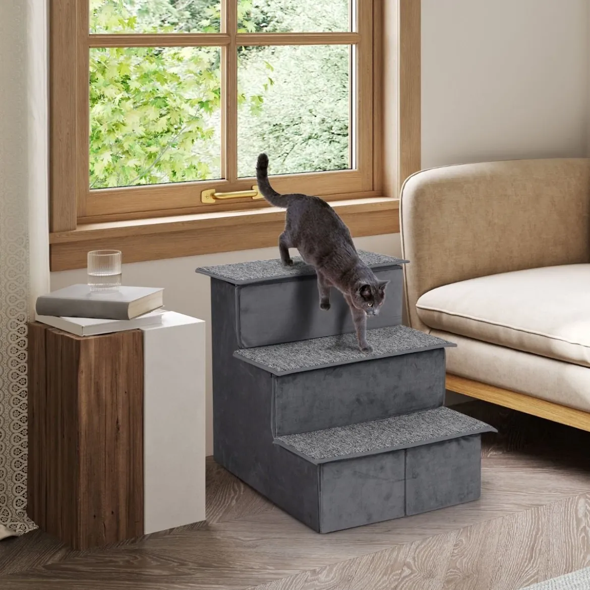 3 Stufen Hundetreppe mit Haus & Rutschfester Boden Faltbare Haustiertreppe Kletterleiter