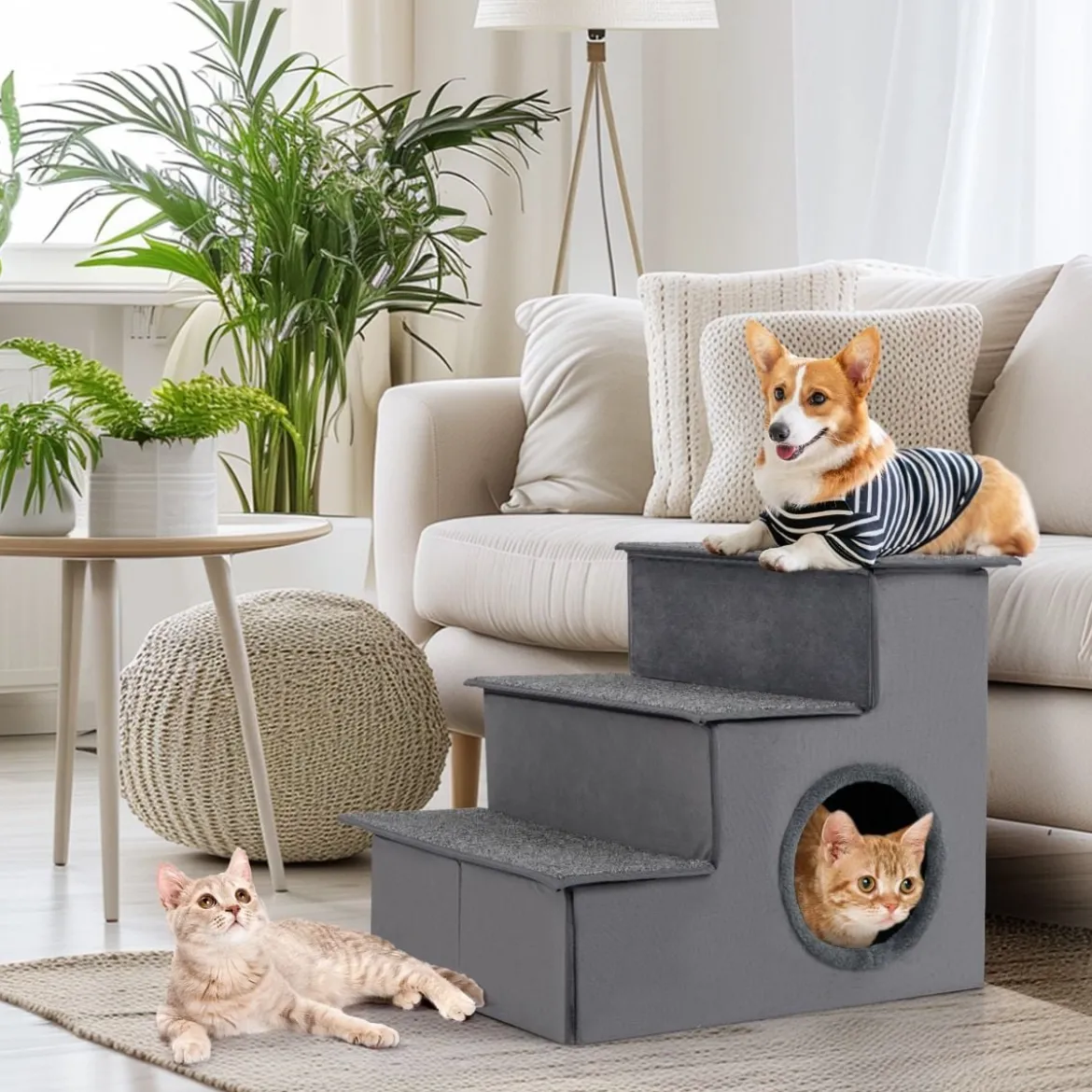 3 Stufen Hundetreppe mit Haus & Rutschfester Boden Faltbare Haustiertreppe Kletterleiter