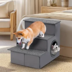 3 Stufen Hundetreppe mit Haus & Rutschfester Boden Faltbare Haustiertreppe Kletterleiter