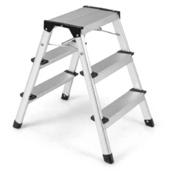 3-Stufen-Leiter Aluminium klappbarer Tritthocker mit breiten Trittflächen & rutschfesten Fußpads Silber