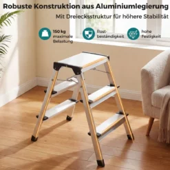 3-Stufen-Leiter Aluminium klappbarer Tritthocker mit breiten Trittflächen & rutschfesten Fußpads Silber