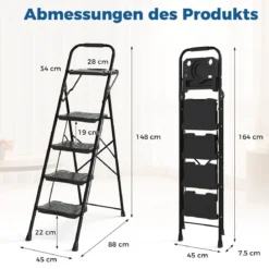 4 Stufen Leiter mit Werkzeugablag & Rutschfesten Pedalen Klappbarer Trittleiter bis 150 kg Belastbar