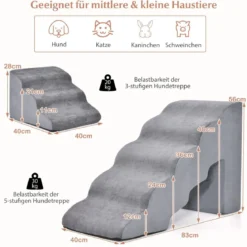 5-& 3-stufige Hundetreppe mit Chenille-Stoffoberfläche & Tierhaarbürste Rutschfest Grau