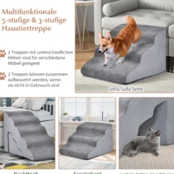 5-& 3-stufige Hundetreppe mit Chenille-Stoffoberfläche & Tierhaarbürste Rutschfest Grau