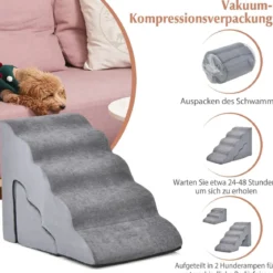 5-& 3-stufige Hundetreppe mit Chenille-Stoffoberfläche & Tierhaarbürste Rutschfest Grau