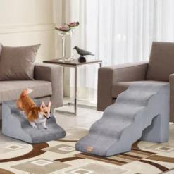 5-& 3-stufige Hundetreppe mit Chenille-Stoffoberfläche & Tierhaarbürste Rutschfest Grau