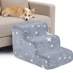 3-stufige Leuchtende Schaumstoff Hundetreppen mit Waschbarer Flanellbezug Haustiertreppe Grau