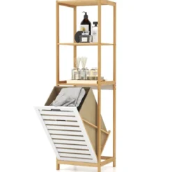 4-stufiger Badezimmerregal mit kippbarem Wäschekorb Bambus Hochschrank Wäscheschrank 36 x 33 x 130 cm Natur + Weiß