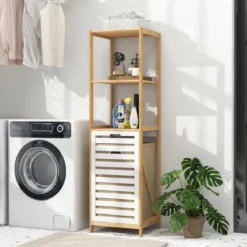 4-stufiger Badezimmerregal mit kippbarem Wäschekorb Bambus Hochschrank Wäscheschrank 36 x 33 x 130 cm Natur + Weiß