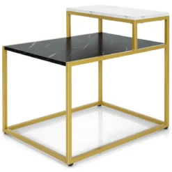 2-stufiger Beistelltisch Sofatisch mit Ablagefläche für Wohnzimmer 61 x 45,5 x 56 cm Schwarz + Weiß